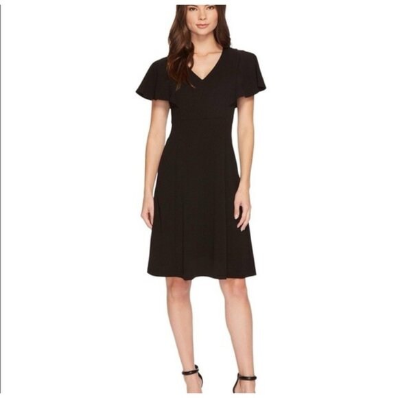 Calvin Klein Dresses & Skirts - Calvin Klein A Line Dress 6 Black Stretch Sheath Short Flutter Sleeve Career